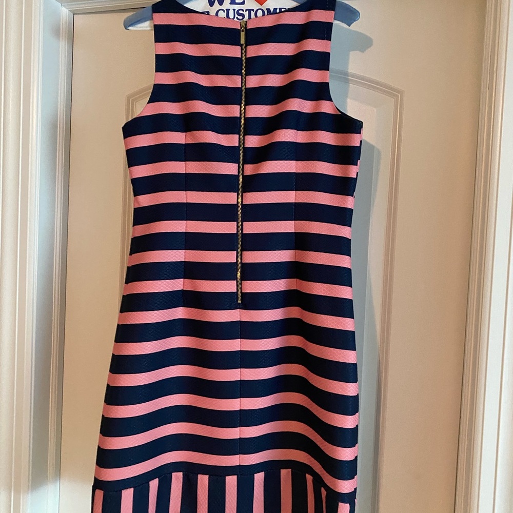 Cute striped dress with gold zipper detail.